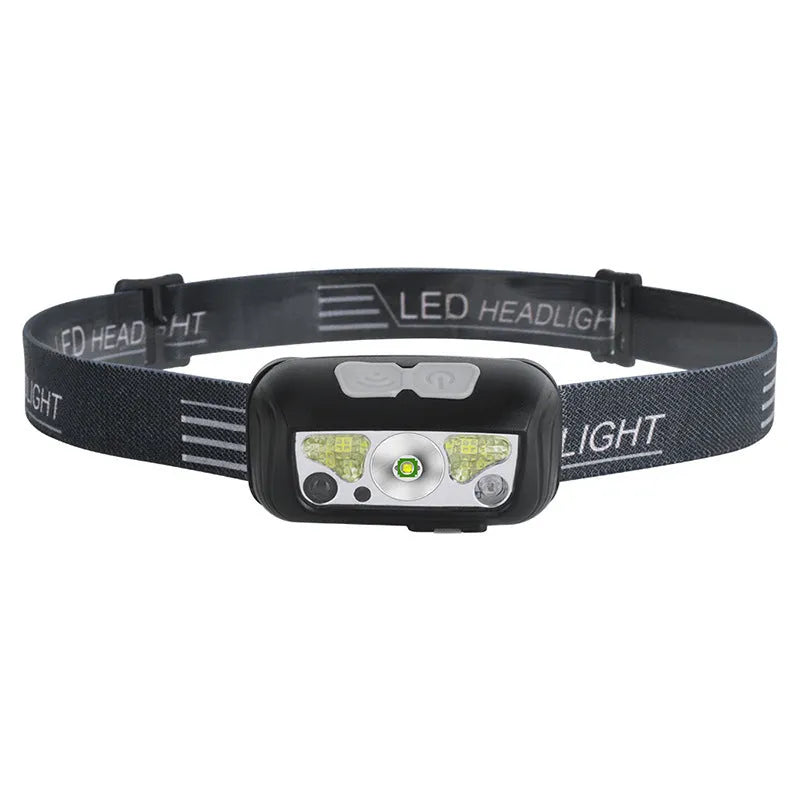Black USB rechargeable sensor headlight with white and red LEDs, showing hand-wave control zone.