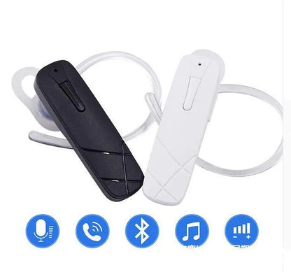 Black and white wireless Bluetooth earphones showing compact earplug design.
