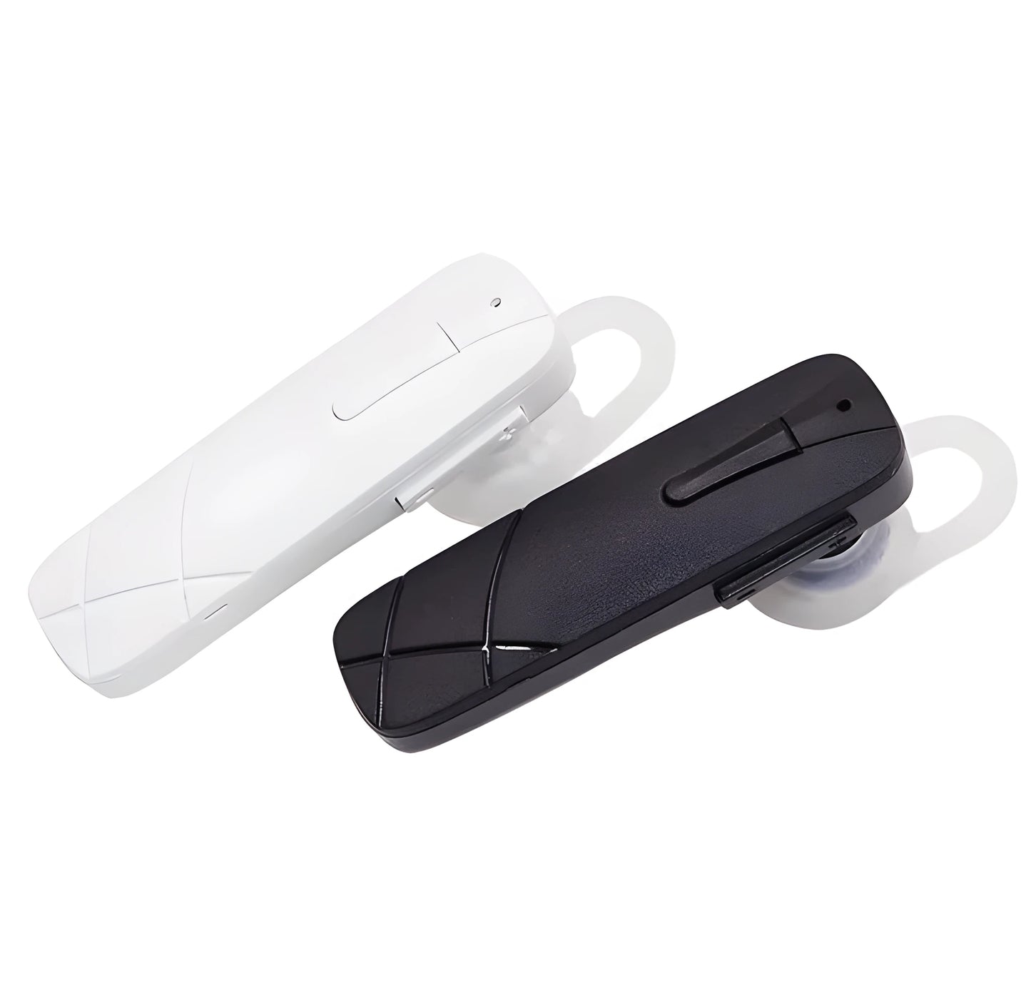 Black and white wireless Bluetooth earphones showing compact earplug design.