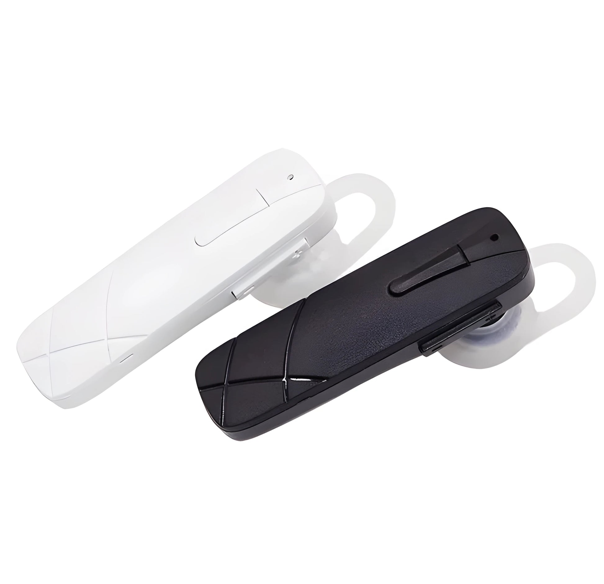 Black and white wireless Bluetooth earphones showing compact earplug design.