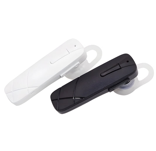 Black and white wireless Bluetooth earphones showing compact earplug design.