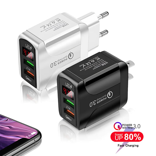 Digital display travel charger for smartphones with EU, UK, and US plug compatibility