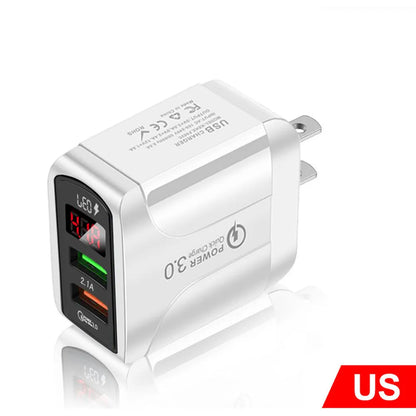 Digital display travel charger for smartphones with EU, UK, and US plug compatibility