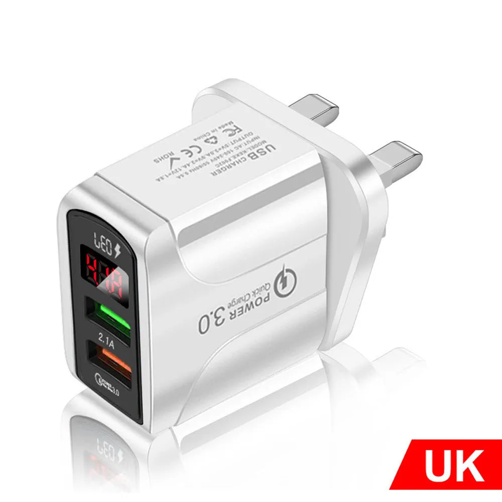 Digital display travel charger for smartphones with EU, UK, and US plug compatibility