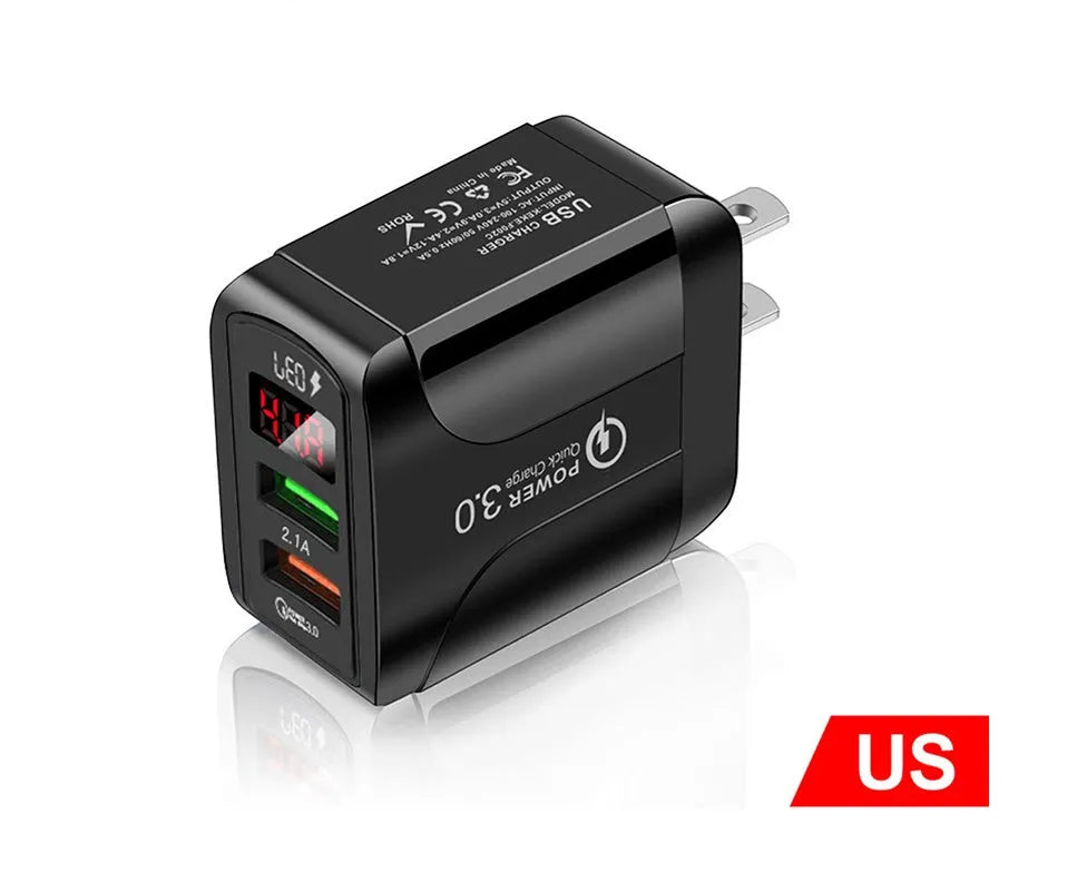 Digital display travel charger for smartphones with EU, UK, and US plug compatibility