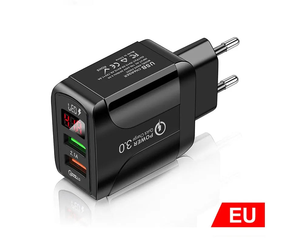 Digital display travel charger for smartphones with EU, UK, and US plug compatibility