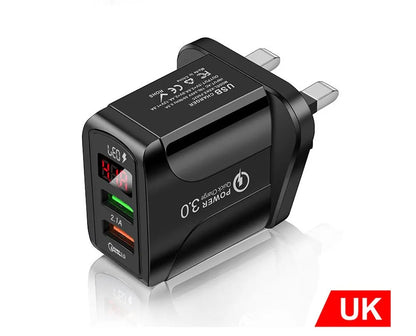 Digital display travel charger for smartphones with EU, UK, and US plug compatibility