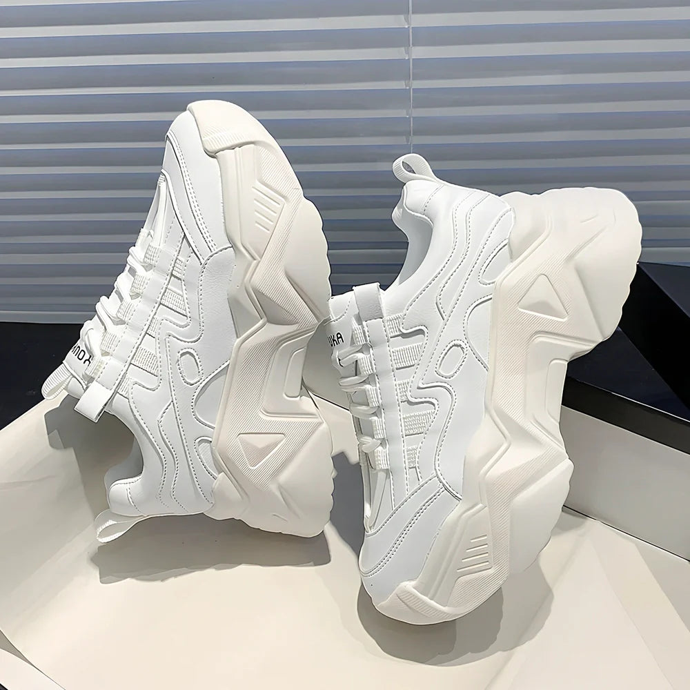 Women's black chunky platform trainers with striped microfibre leather upper and 4-5 cm EVA sole, round toe design for casual wear