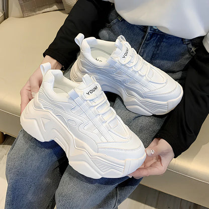 Women's black chunky platform trainers with striped microfibre leather upper and 4-5 cm EVA sole, round toe design for casual wear