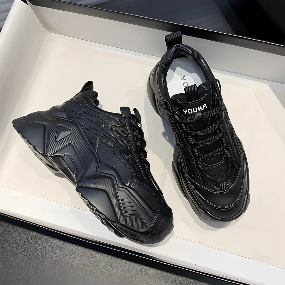 Women's black chunky platform trainers with striped microfibre leather upper and 4-5 cm EVA sole, round toe design for casual wear