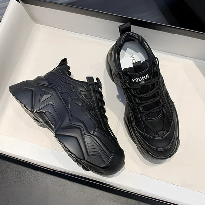 Women's black chunky platform trainers with striped microfibre leather upper and 4-5 cm EVA sole, round toe design for casual wear