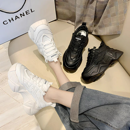 Women's black chunky platform trainers with striped microfibre leather upper and 4-5 cm EVA sole, round toe design for casual wear