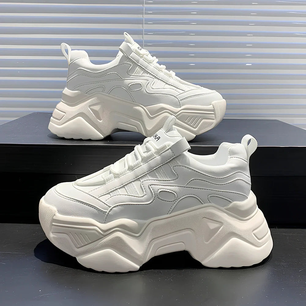 Women's black chunky platform trainers with striped microfibre leather upper and 4-5 cm EVA sole, round toe design for casual wear