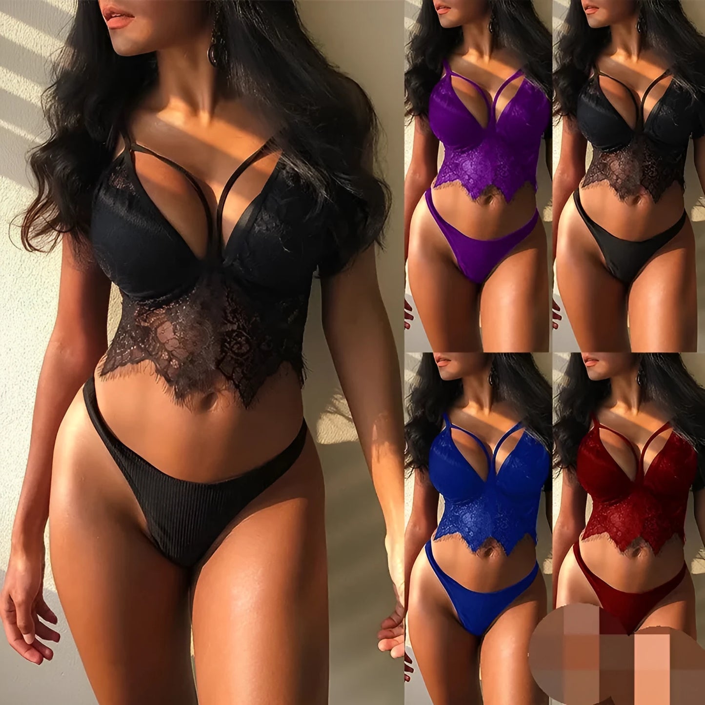 Women's lace lingerie set in red, purple, blue, and black colours showing three-point style design