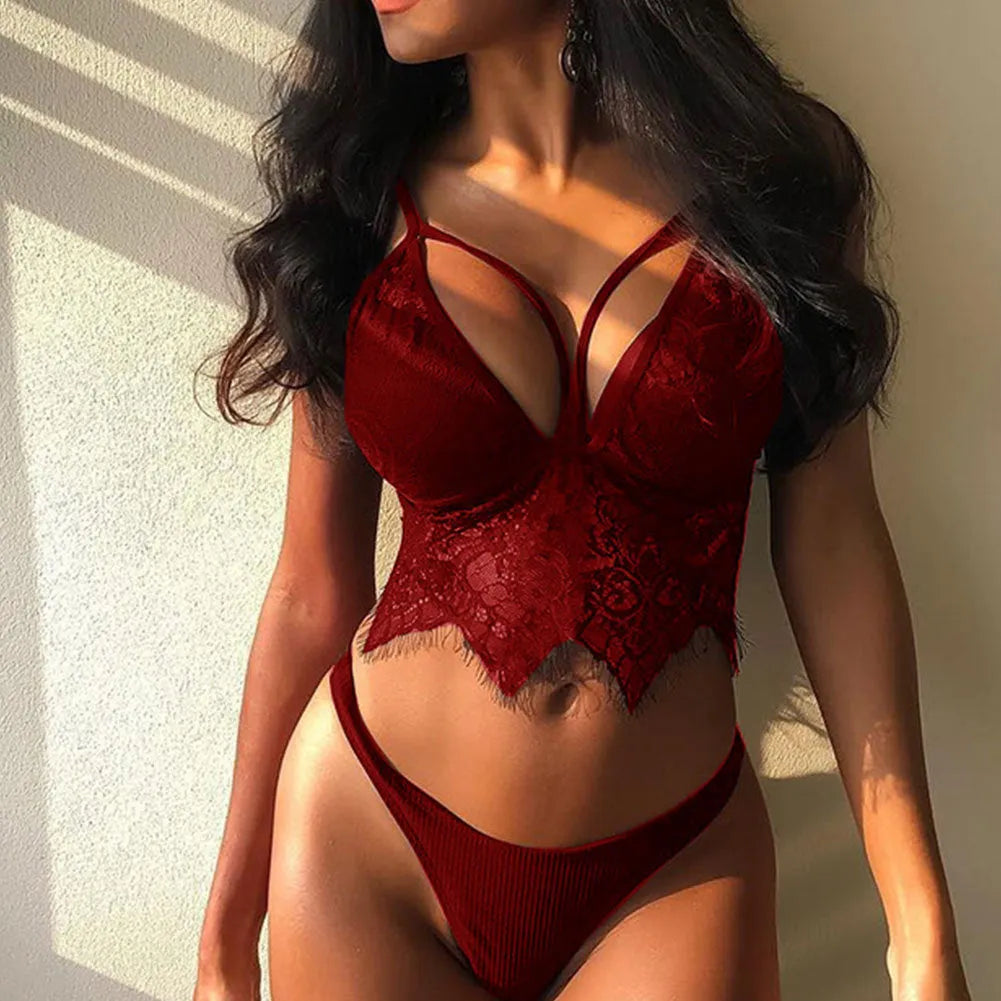 Women's lace lingerie set in red, purple, blue, and black colours showing three-point style design