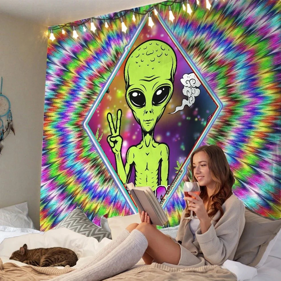 Rectangular alien motif tapestry with American style design in 100% polyester fibre fabric