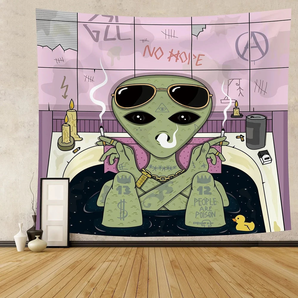 Rectangular alien motif tapestry with American style design in 100% polyester fibre fabric