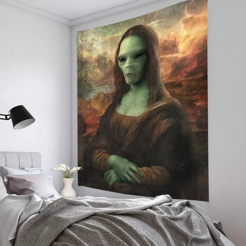 Rectangular alien motif tapestry with American style design in 100% polyester fibre fabric