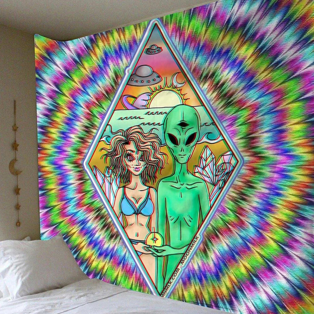 Rectangular alien motif tapestry with American style design in 100% polyester fibre fabric