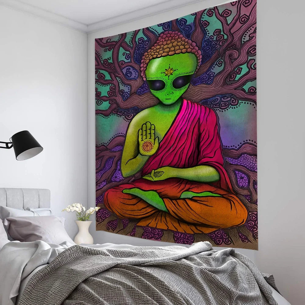 Rectangular alien motif tapestry with American style design in 100% polyester fibre fabric