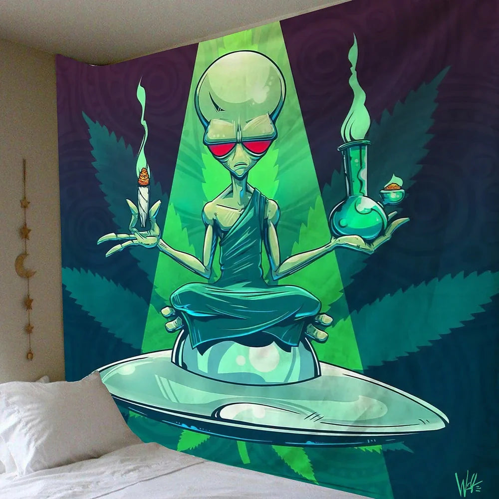 Rectangular alien motif tapestry with American style design in 100% polyester fibre fabric