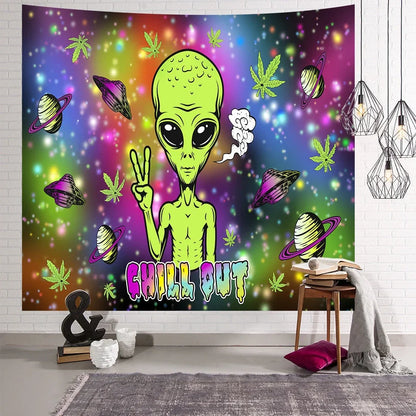 Rectangular alien motif tapestry with American style design in 100% polyester fibre fabric