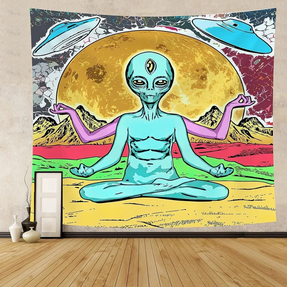 Rectangular alien motif tapestry with American style design in 100% polyester fibre fabric