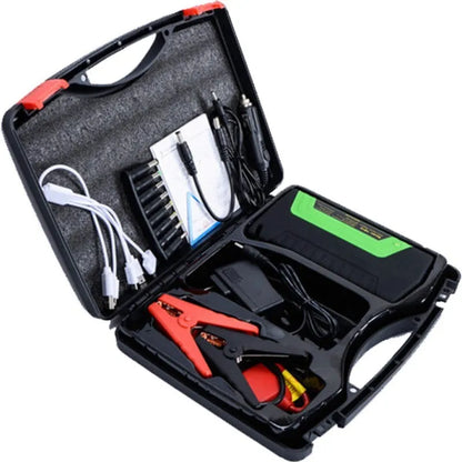 Portable car jump starter 33.3Wh with 5V 12V 16V 19V outputs and LED lighting, 165x79x40mm, green red yellow