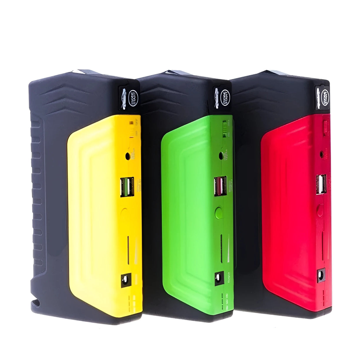 Portable car jump starter 33.3Wh with 5V 12V 16V 19V outputs and LED lighting, 165x79x40mm, green red yellow