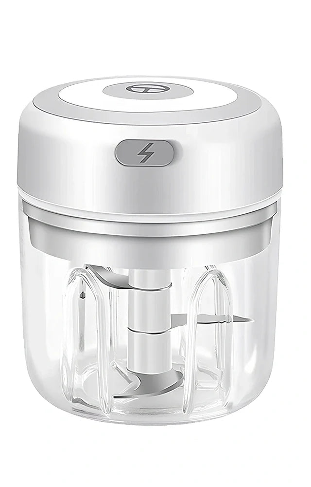 Mini electric garlic chopper with stainless steel blades in green, pink, or white with USB charging cable