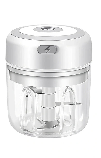 Mini electric garlic chopper with stainless steel blades in green, pink, or white with USB charging cable