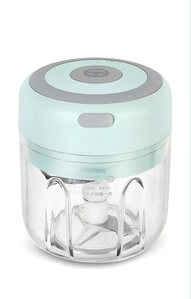 Mini electric garlic chopper with stainless steel blades in green, pink, or white with USB charging cable