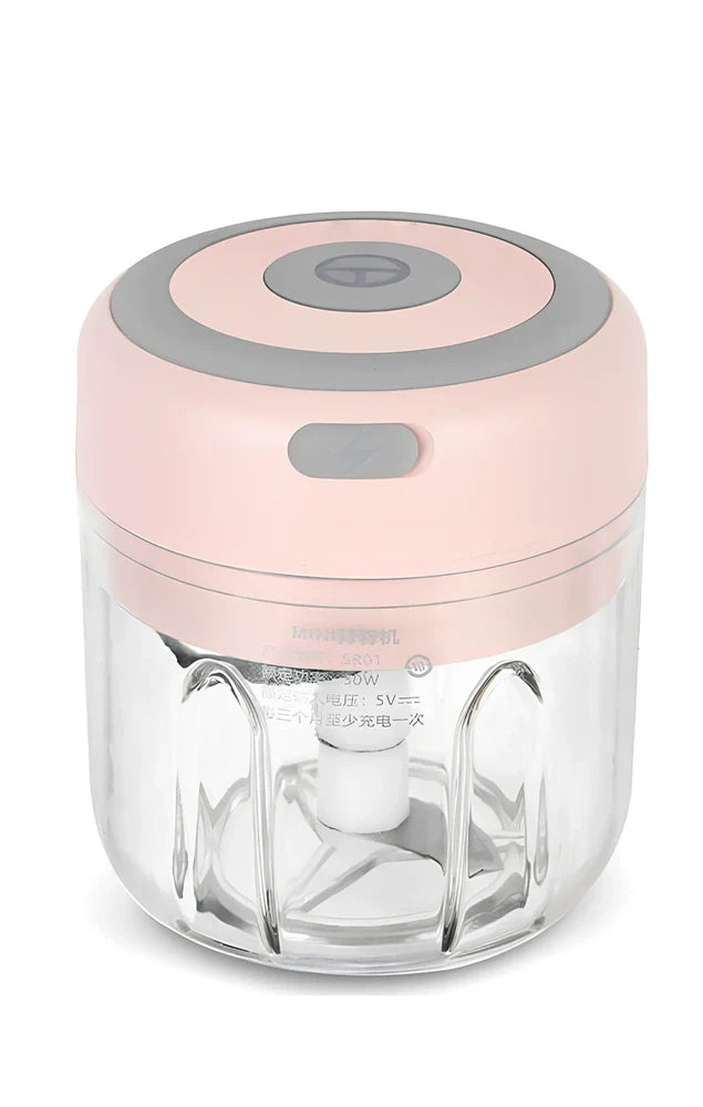 Mini electric garlic chopper with stainless steel blades in green, pink, or white with USB charging cable