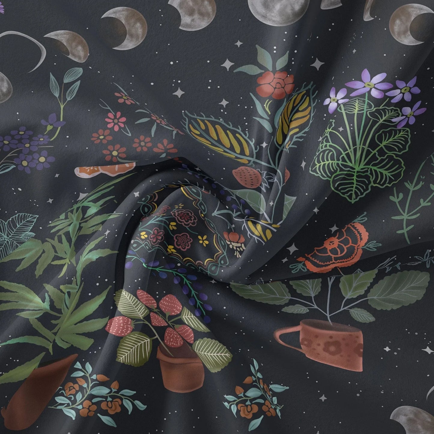 Moon phase and tarot design polyester tapestry showing machine-woven texture and pattern details