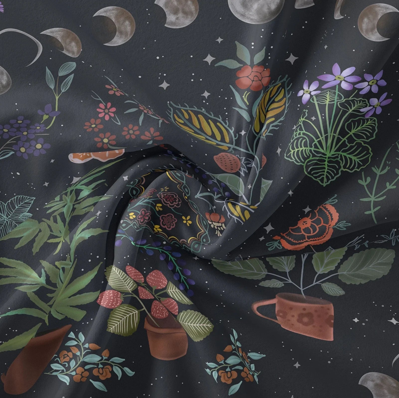 Moon phase and tarot design polyester tapestry showing machine-woven texture and pattern details