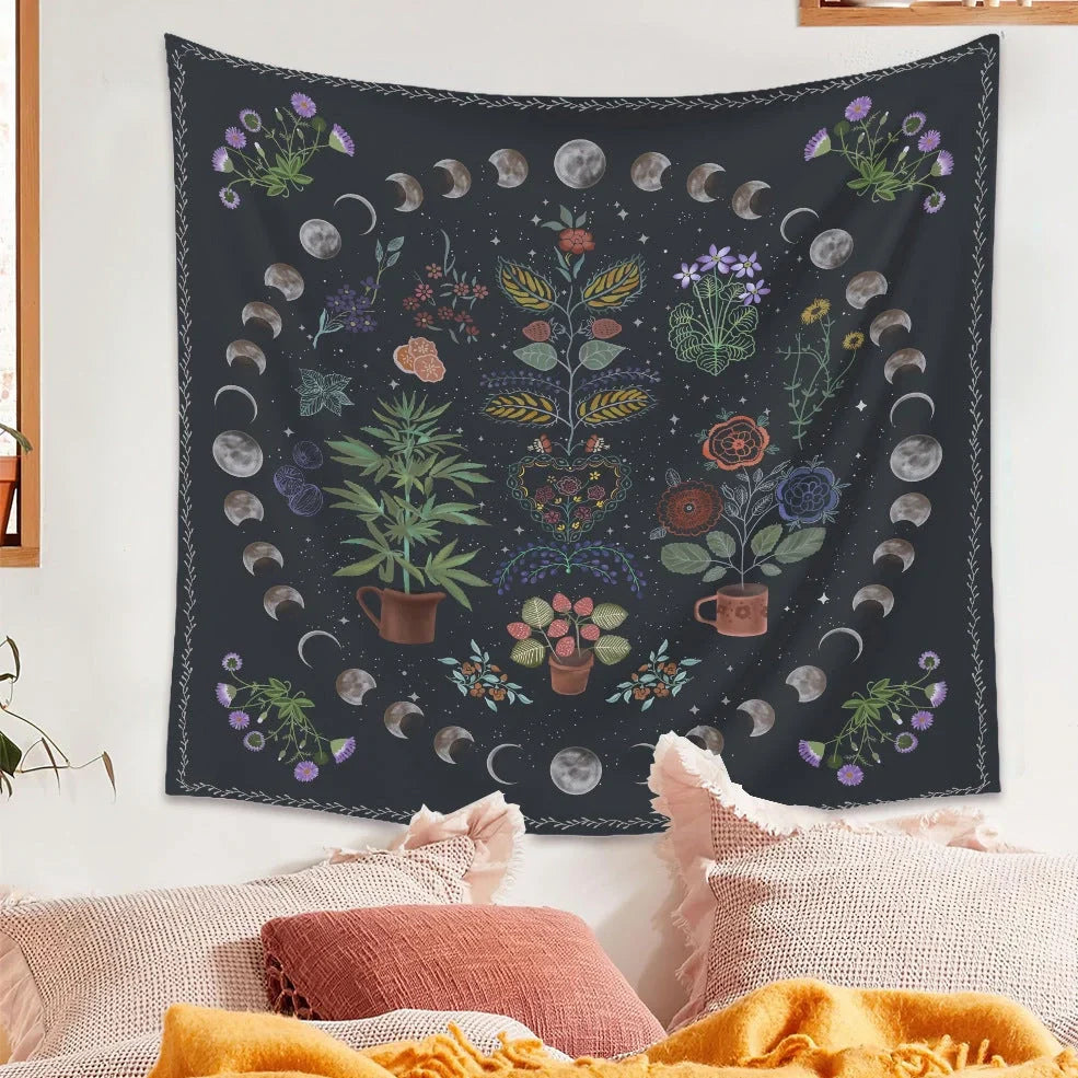 Moon phase and tarot design polyester tapestry showing machine-woven texture and pattern details