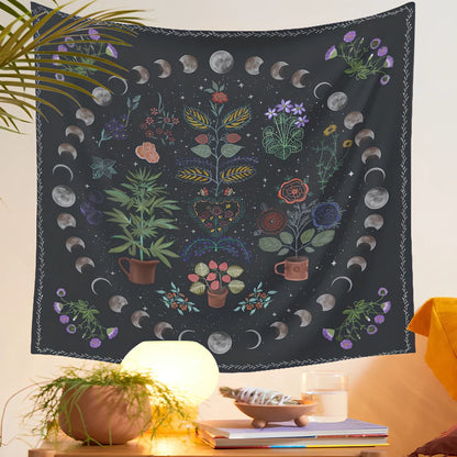 Moon phase and tarot design polyester tapestry showing machine-woven texture and pattern details