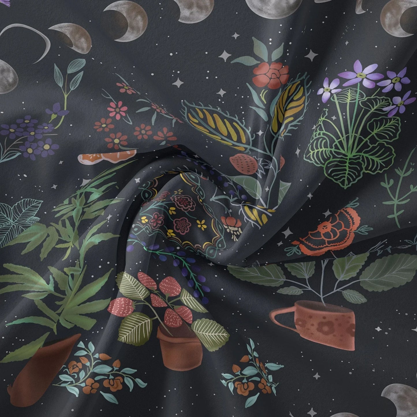 Moon phase and tarot design polyester tapestry showing machine-woven texture and pattern details