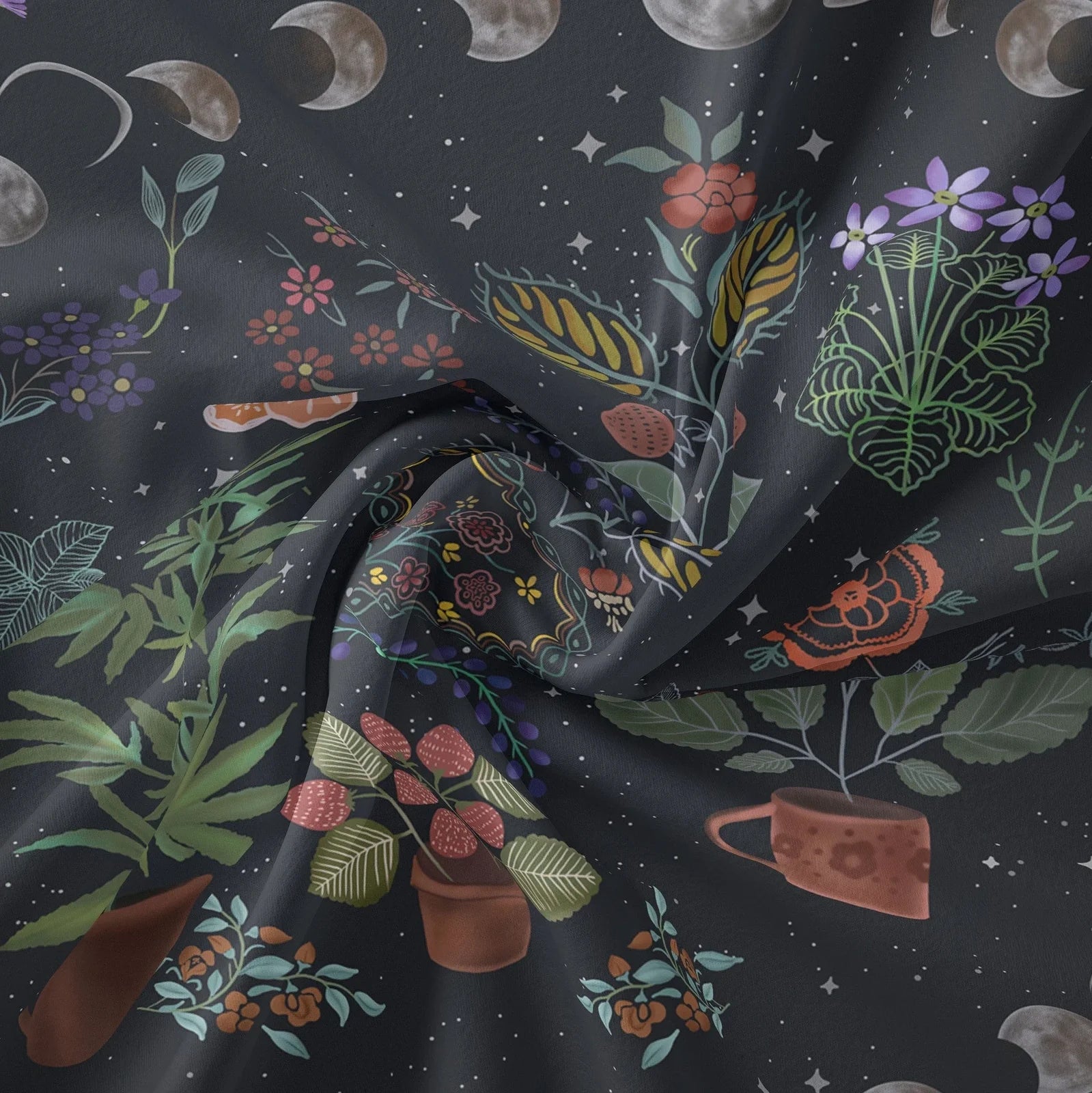 Moon phase and tarot design polyester tapestry showing machine-woven texture and pattern details