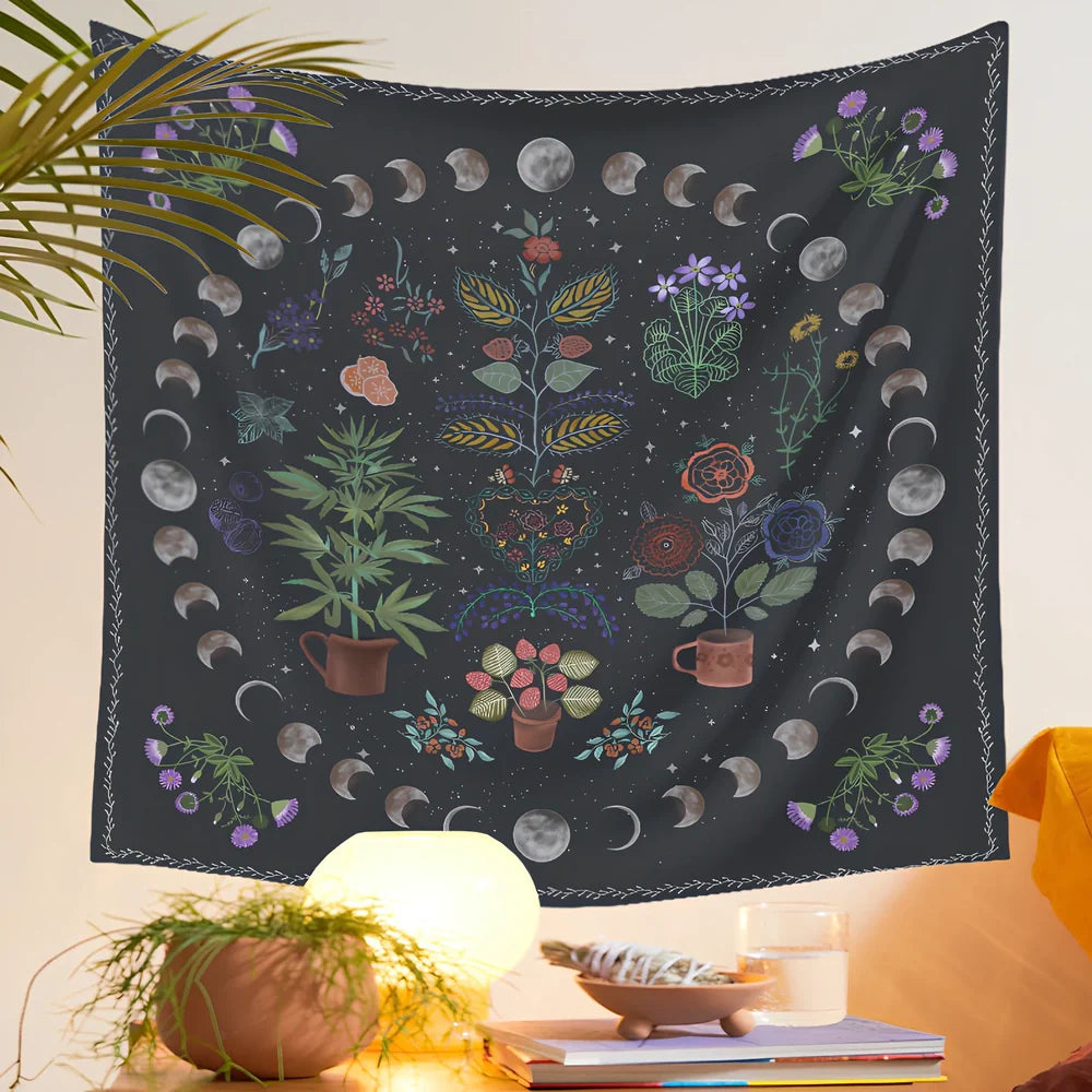 Moon phase and tarot design polyester tapestry showing machine-woven texture and pattern details