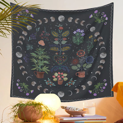 Moon phase and tarot design polyester tapestry showing machine-woven texture and pattern details