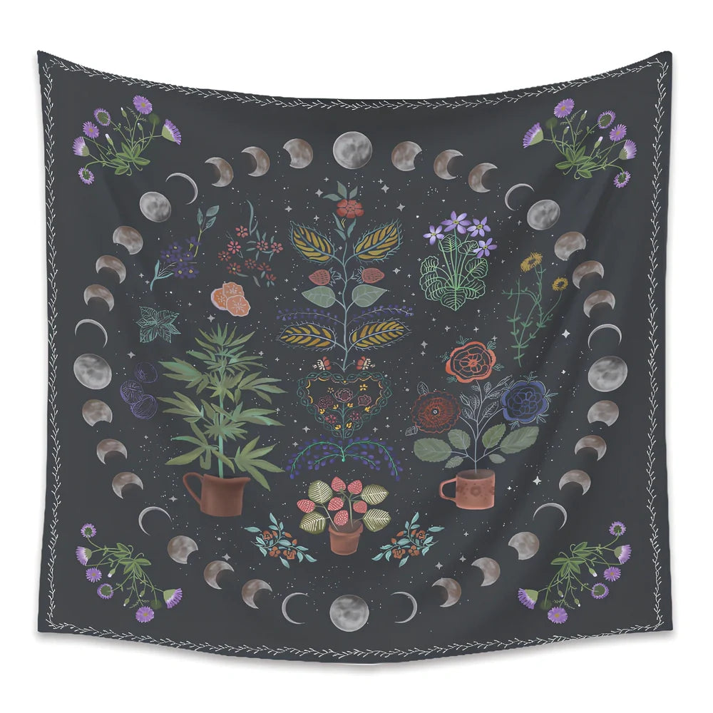 Moon phase and tarot design polyester tapestry showing machine-woven texture and pattern details