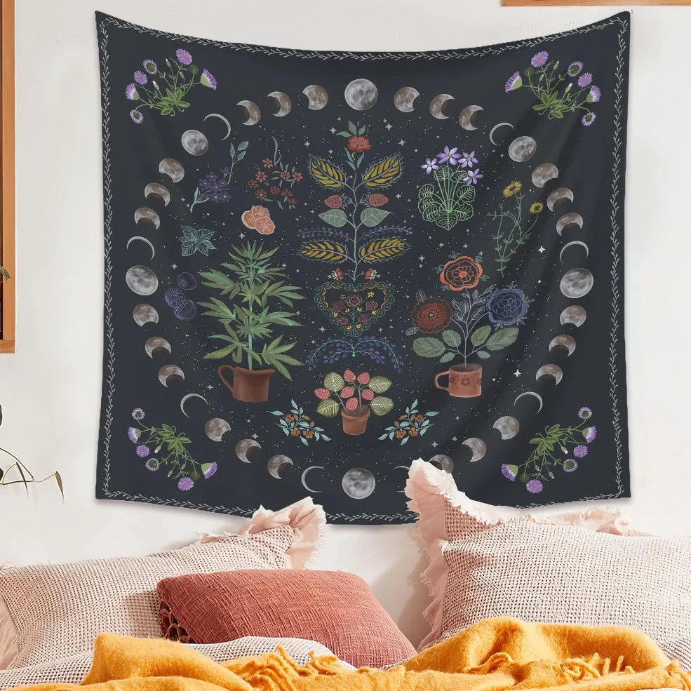 Moon phase and tarot design polyester tapestry showing machine-woven texture and pattern details
