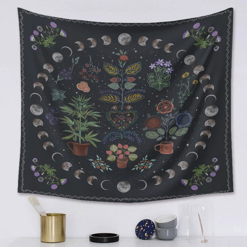 Moon phase and tarot design polyester tapestry showing machine-woven texture and pattern details