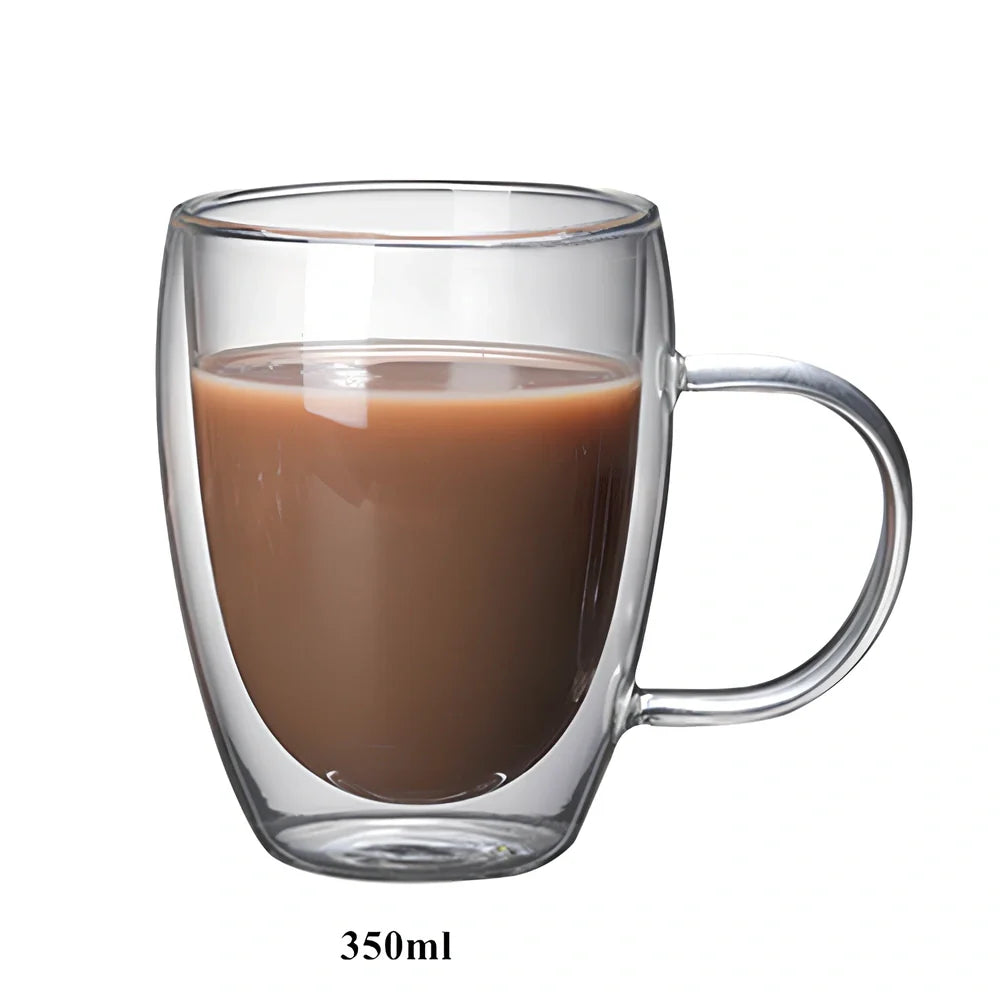 Transparent double-layer glass mug with lemon design showing 3mm insulation gap between walls