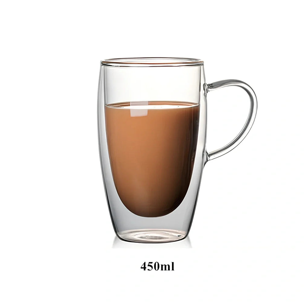 Transparent double-layer glass mug with lemon design showing 3mm insulation gap between walls