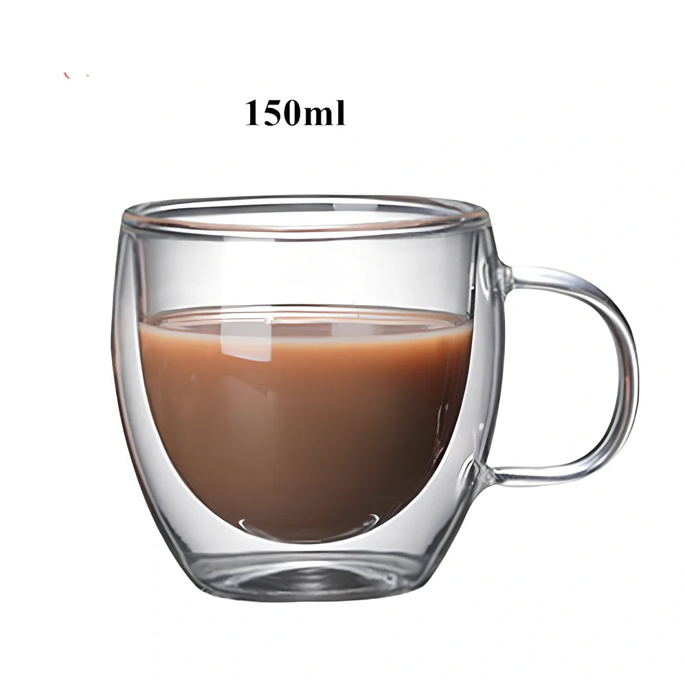 Transparent double-layer glass mug with lemon design showing 3mm insulation gap between walls