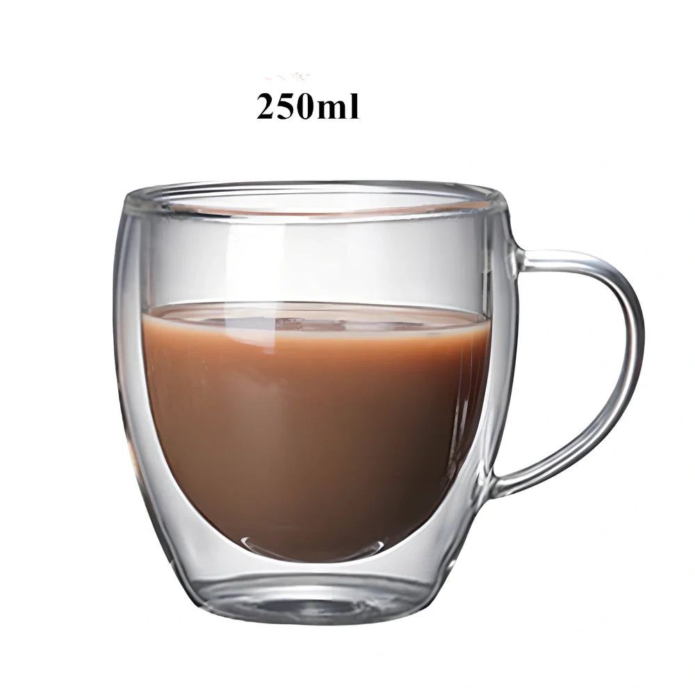 Transparent double-layer glass mug with lemon design showing 3mm insulation gap between walls