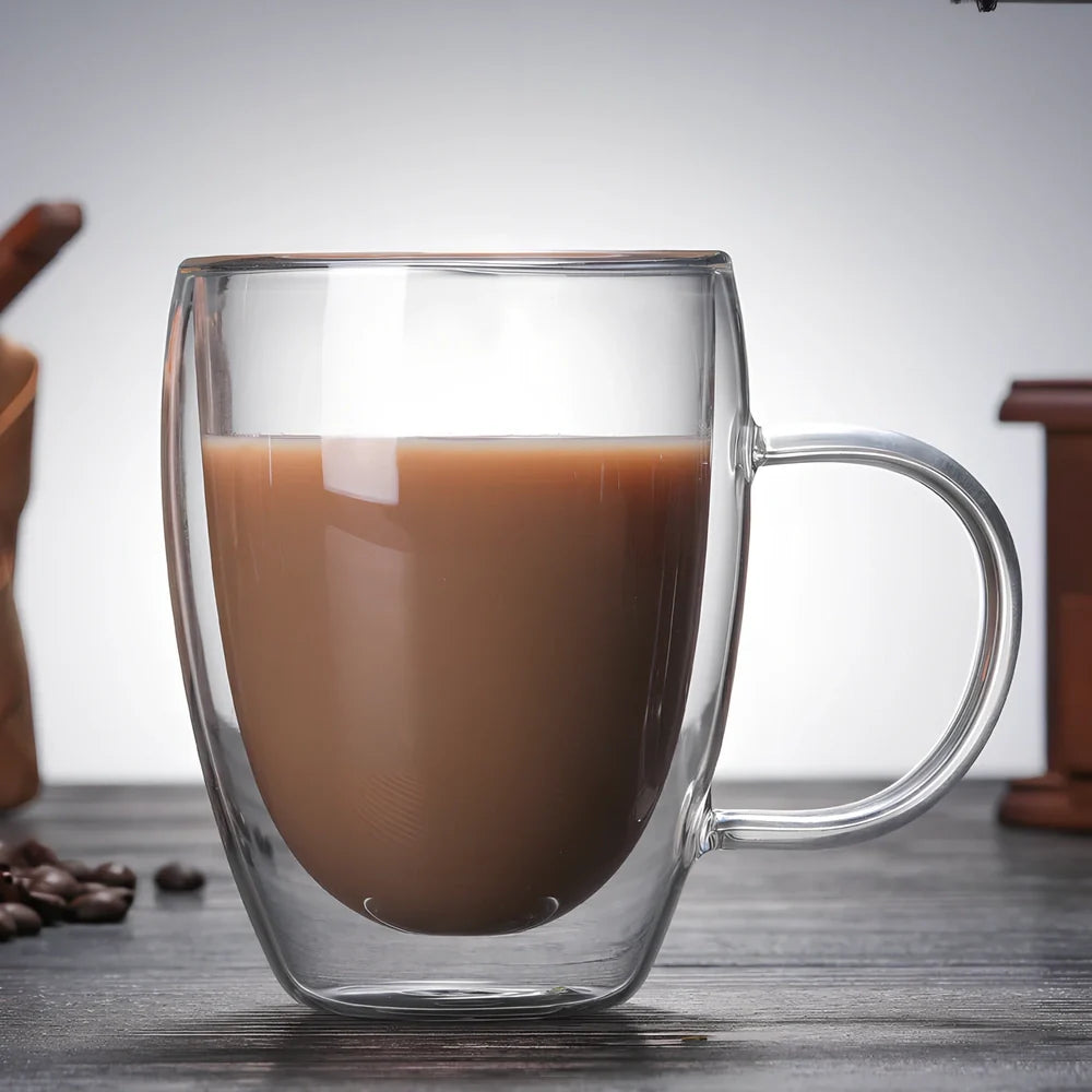 Transparent double-layer glass mug with lemon design showing 3mm insulation gap between walls