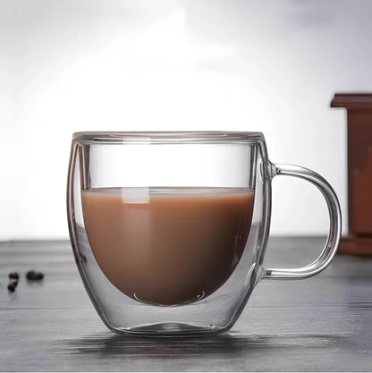 Transparent double-layer glass mug with lemon design showing 3mm insulation gap between walls